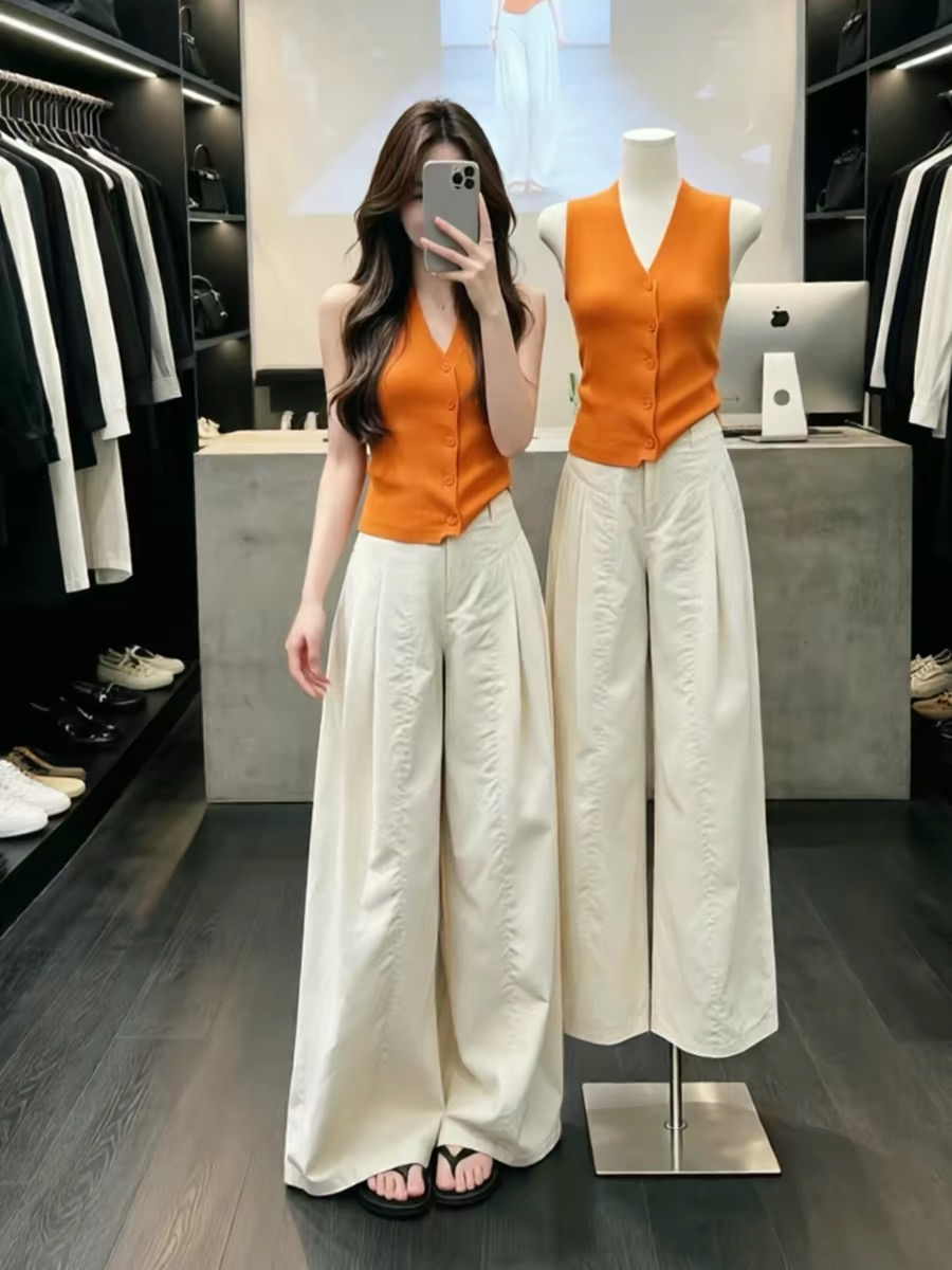 Orange V-Neck Button Ribbed Slim Cami Top Women 2026 Summer Minimalist Dopamine Chic Hot Girl - Image 3