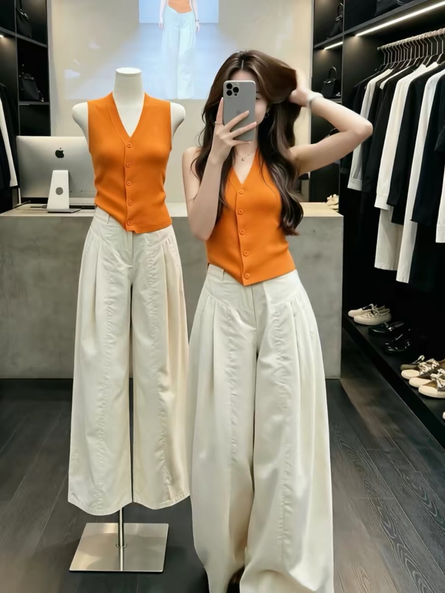 Orange V-Neck Button Ribbed Slim Cami Top Women 2026 Summer Minimalist Dopamine Chic Hot Girl - Image 4