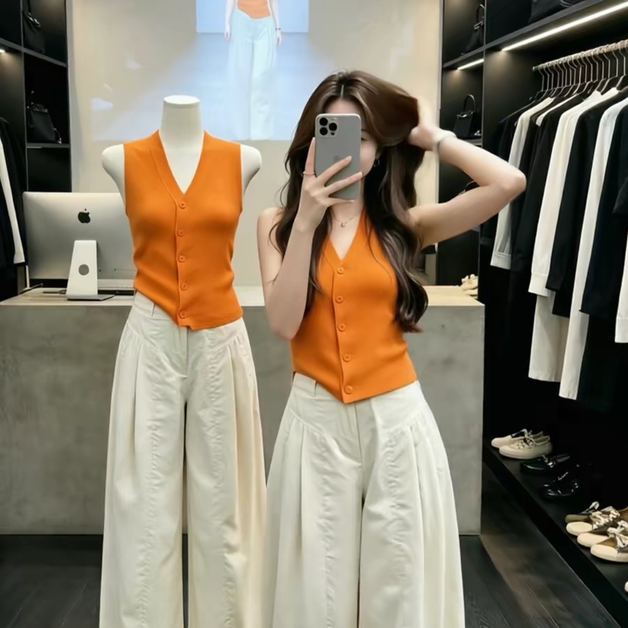 Orange V-Neck Button Ribbed Slim Cami Top Women 2026 Summer Minimalist Dopamine Chic Hot Girl - Image 5