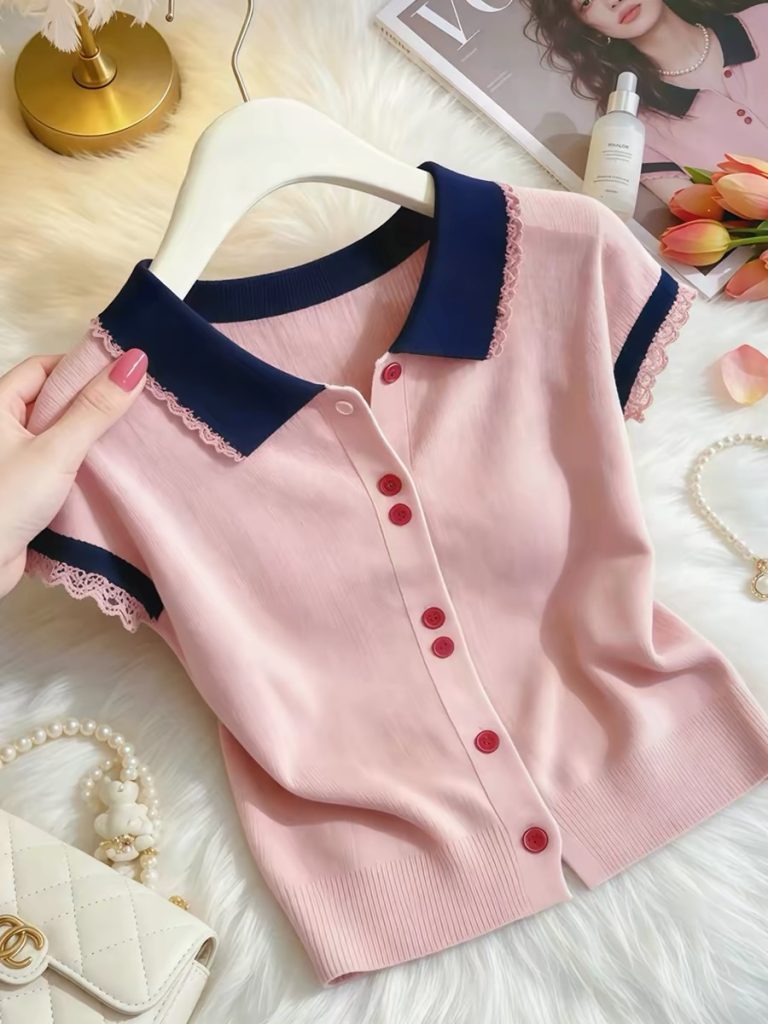 Pink and Blue Color Block Lace Trim Short Sleeve T-Shirt for Women 2026 Summer