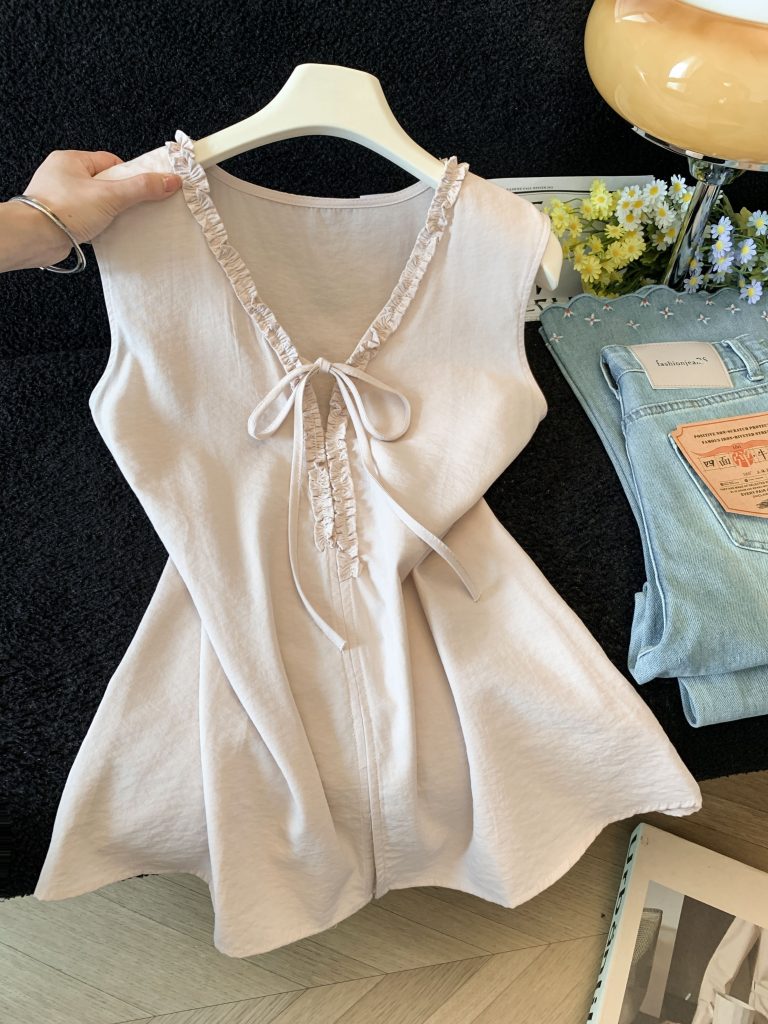 French V-Neck Ruffle Tie-Front Sleeveless Top for Women 2026 Summer Loose Slimming Casual Elegant Shirt