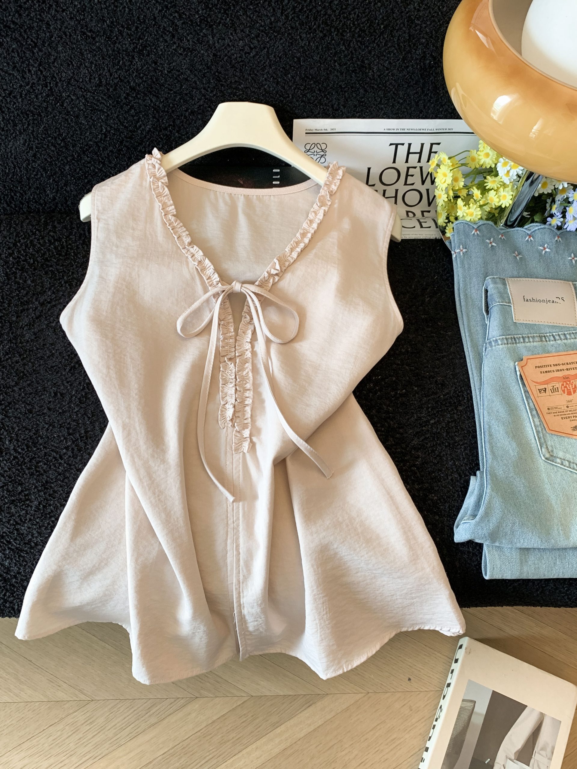 French V-Neck Ruffle Tie-Front Sleeveless Top for Women 2026 Summer Loose Slimming Casual Elegant Shirt - Image 2