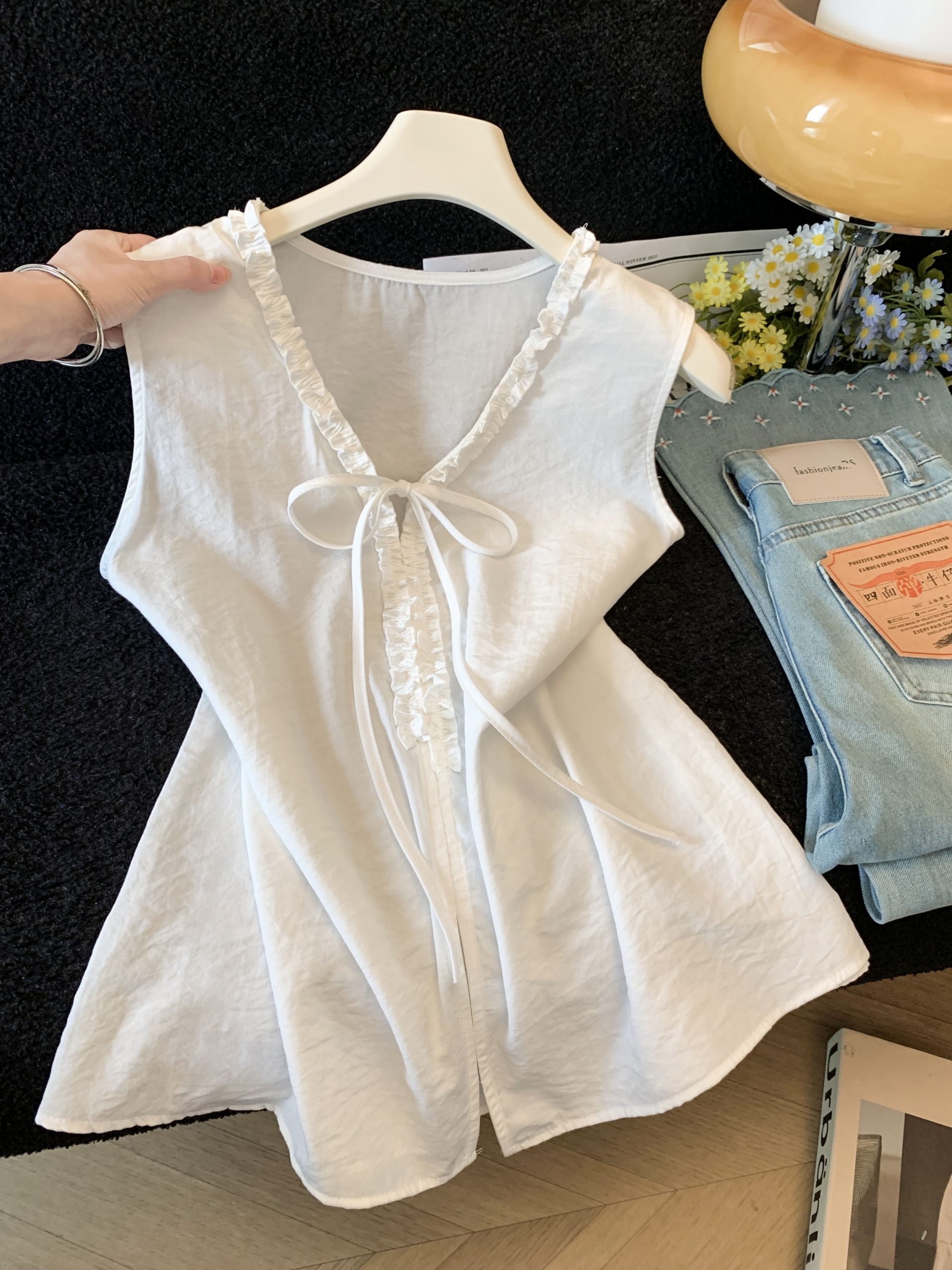 French V-Neck Ruffle Tie-Front Sleeveless Top for Women 2026 Summer Loose Slimming Casual Elegant Shirt - Image 3