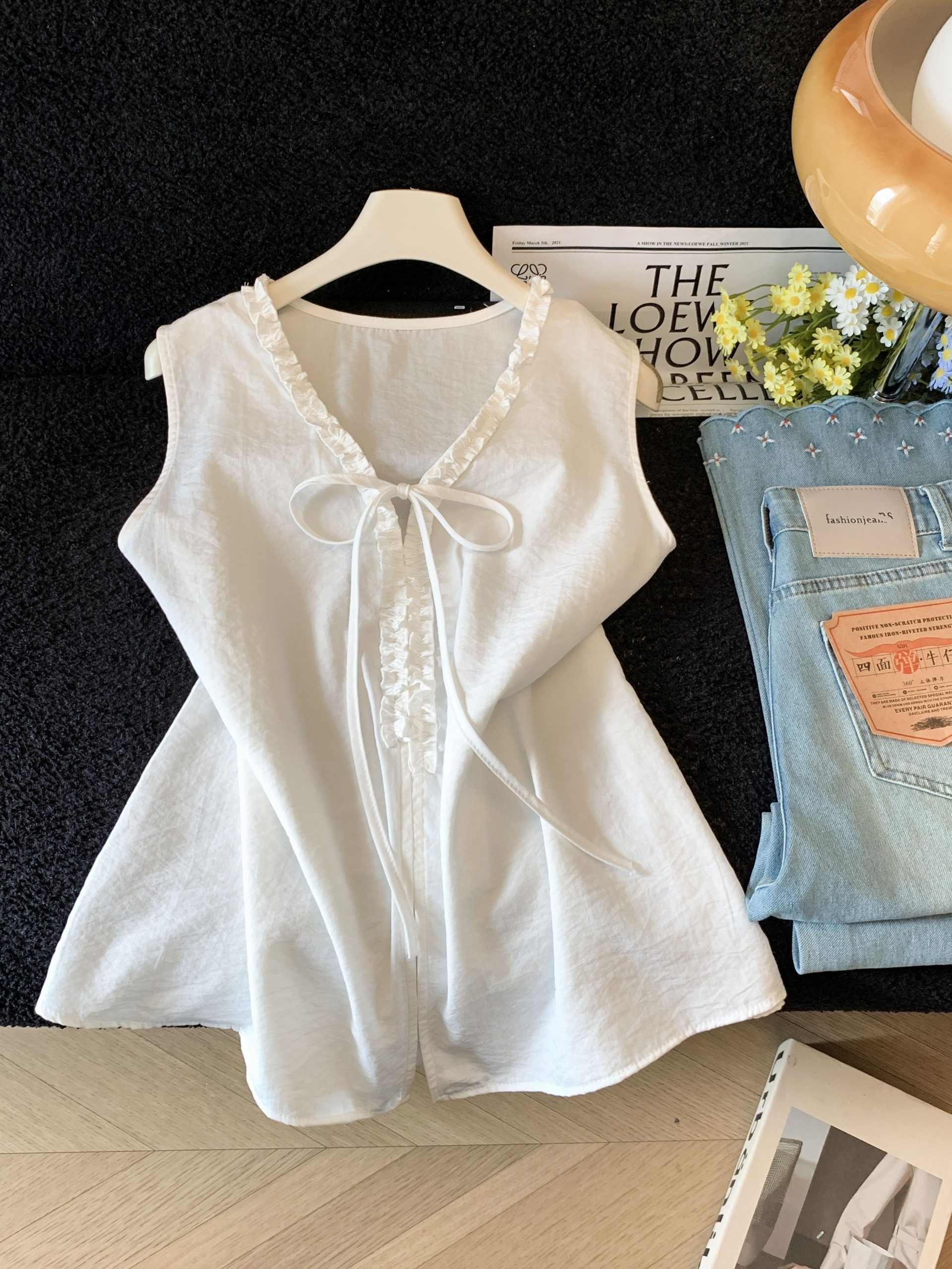 French V-Neck Ruffle Tie-Front Sleeveless Top for Women 2026 Summer Loose Slimming Casual Elegant Shirt - Image 4