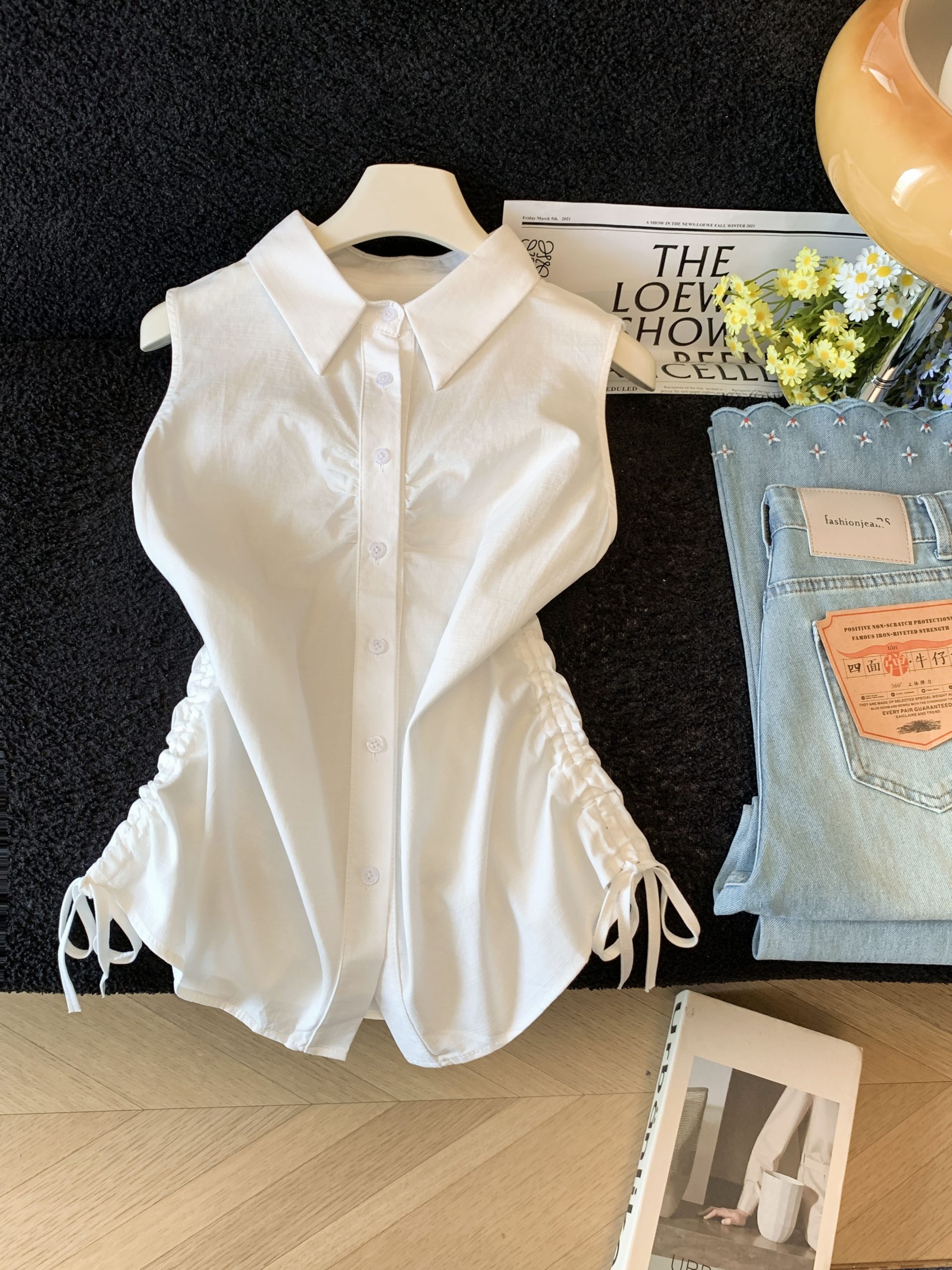 Summer New Polo Collar Sleeveless Shirt for Women with Side Drawstring and Single-Breasted Design - Image 4