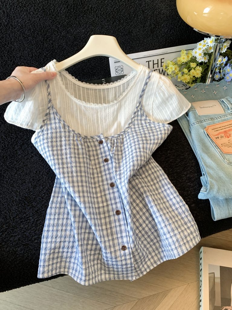 Korean Style Layered Plaid Short Sleeve Shirt for Women Summer 2026 Lace Round Neck Doll Top