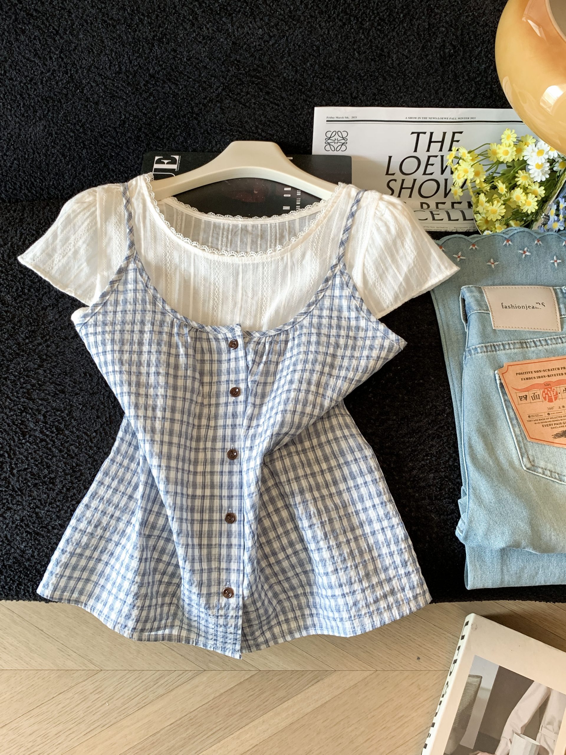 Korean Style Layered Plaid Short Sleeve Shirt for Women Summer 2026 Lace Round Neck Doll Top - Image 2