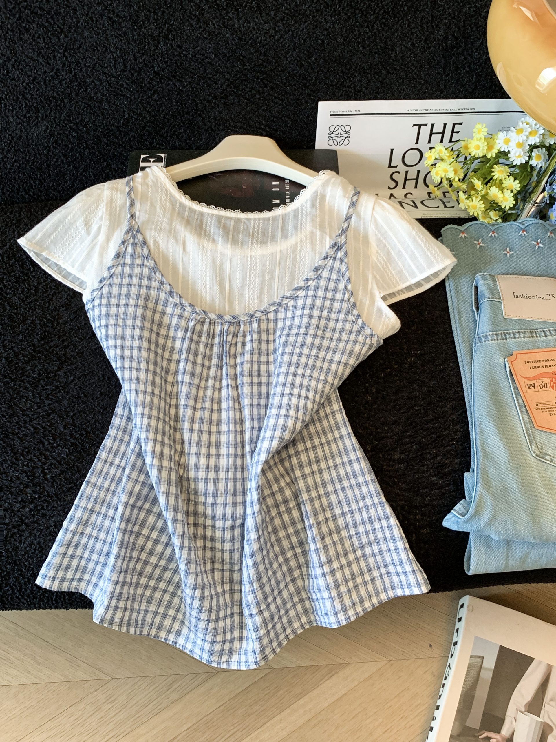 Korean Style Layered Plaid Short Sleeve Shirt for Women Summer 2026 Lace Round Neck Doll Top - Image 3