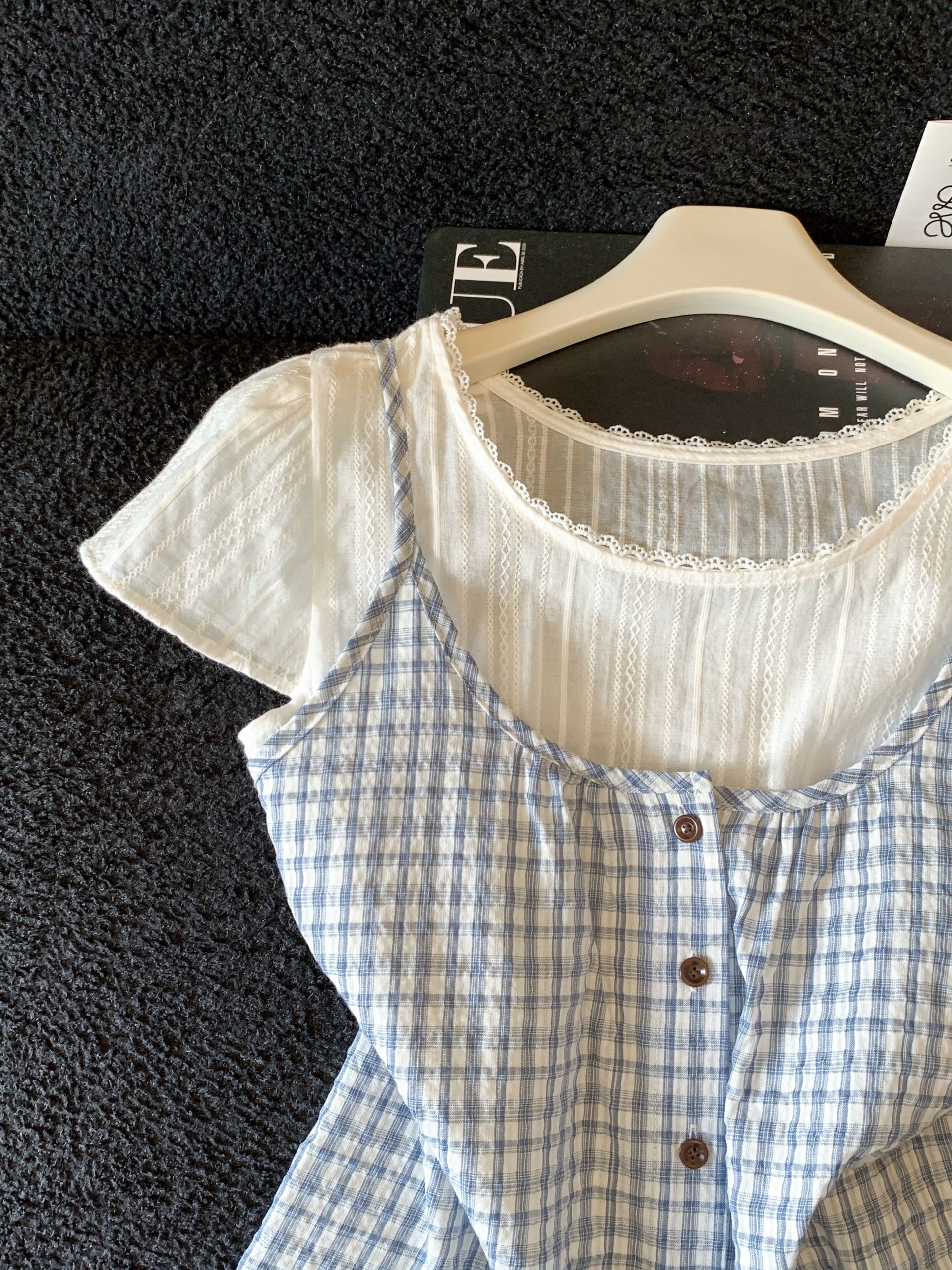 Korean Style Layered Plaid Short Sleeve Shirt for Women Summer 2026 Lace Round Neck Doll Top - Image 4