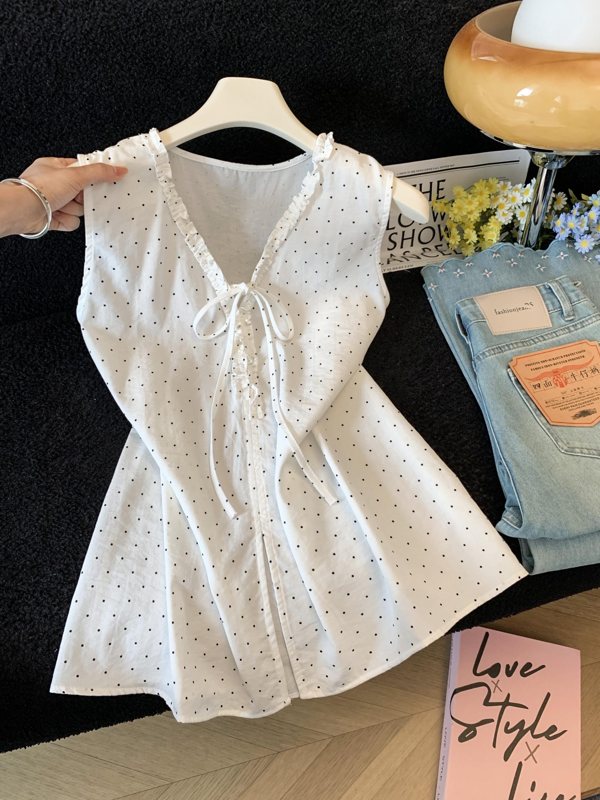 French V-Neck Ruffle Tie Polka Dot Top Women 2026 Summer Loose Slimming Casual Elegant Shirt - Image 2