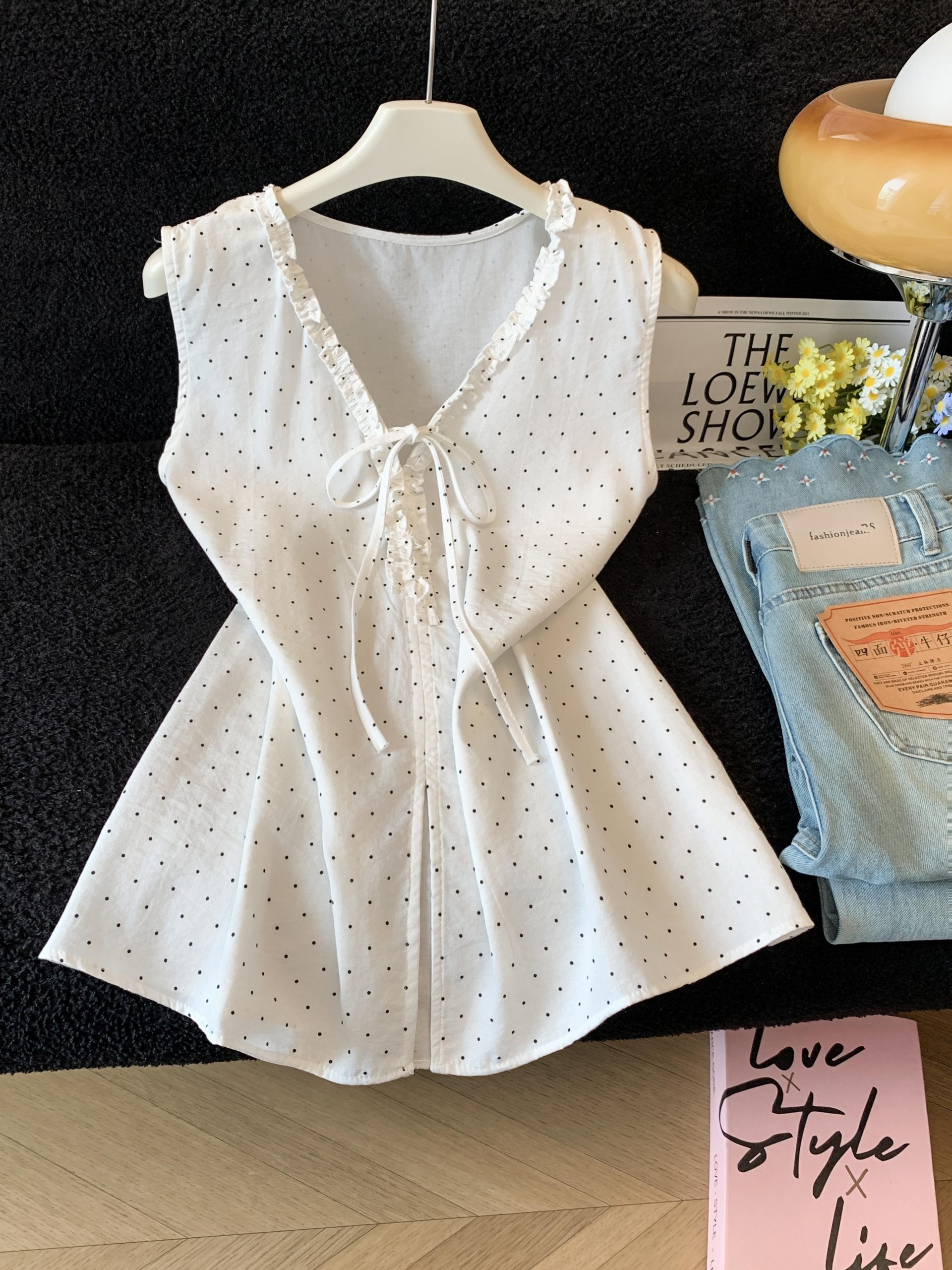 French V-Neck Ruffle Tie Polka Dot Top Women 2026 Summer Loose Slimming Casual Elegant Shirt