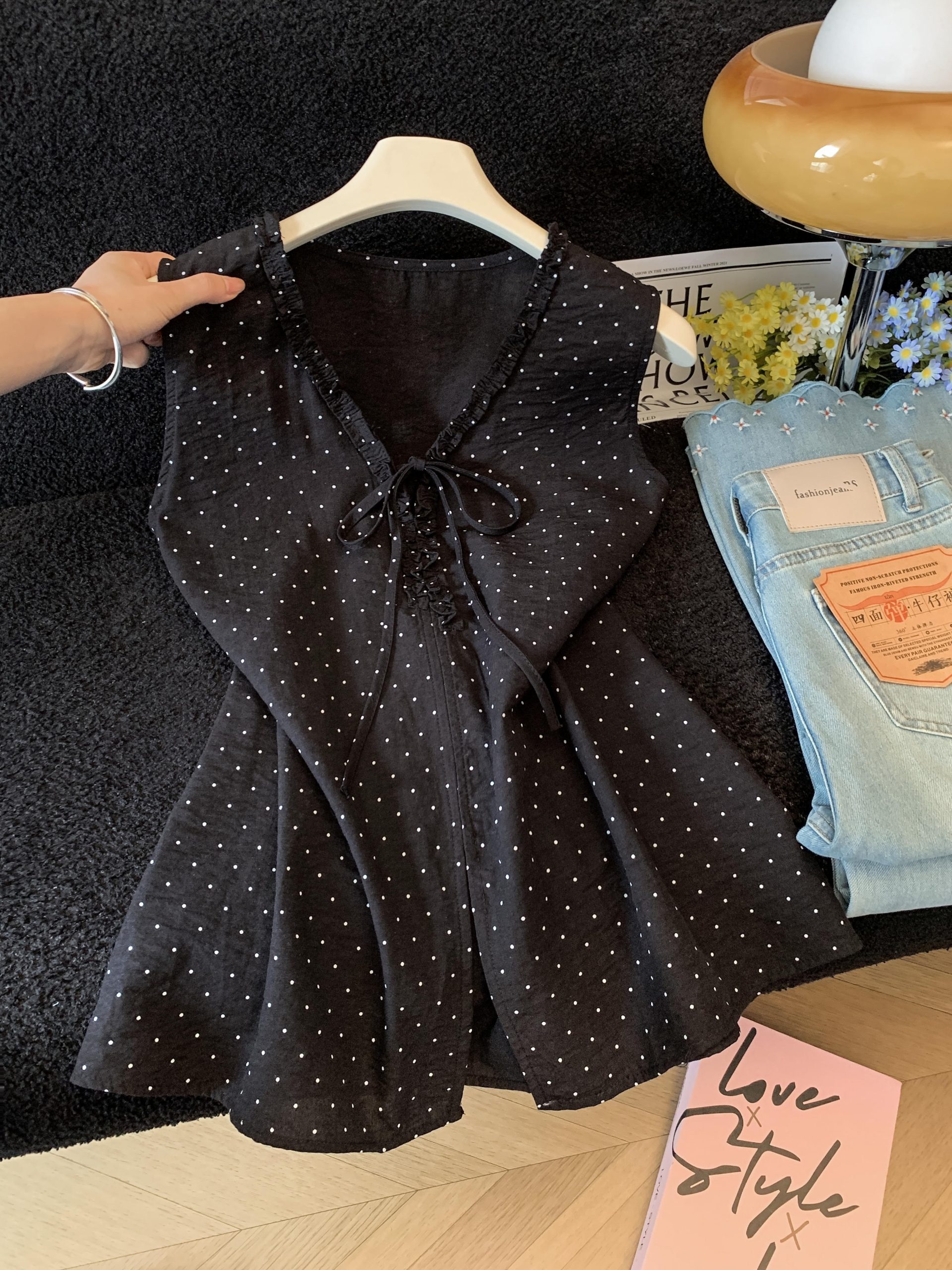French V-Neck Ruffle Tie Polka Dot Top Women 2026 Summer Loose Slimming Casual Elegant Shirt - Image 4
