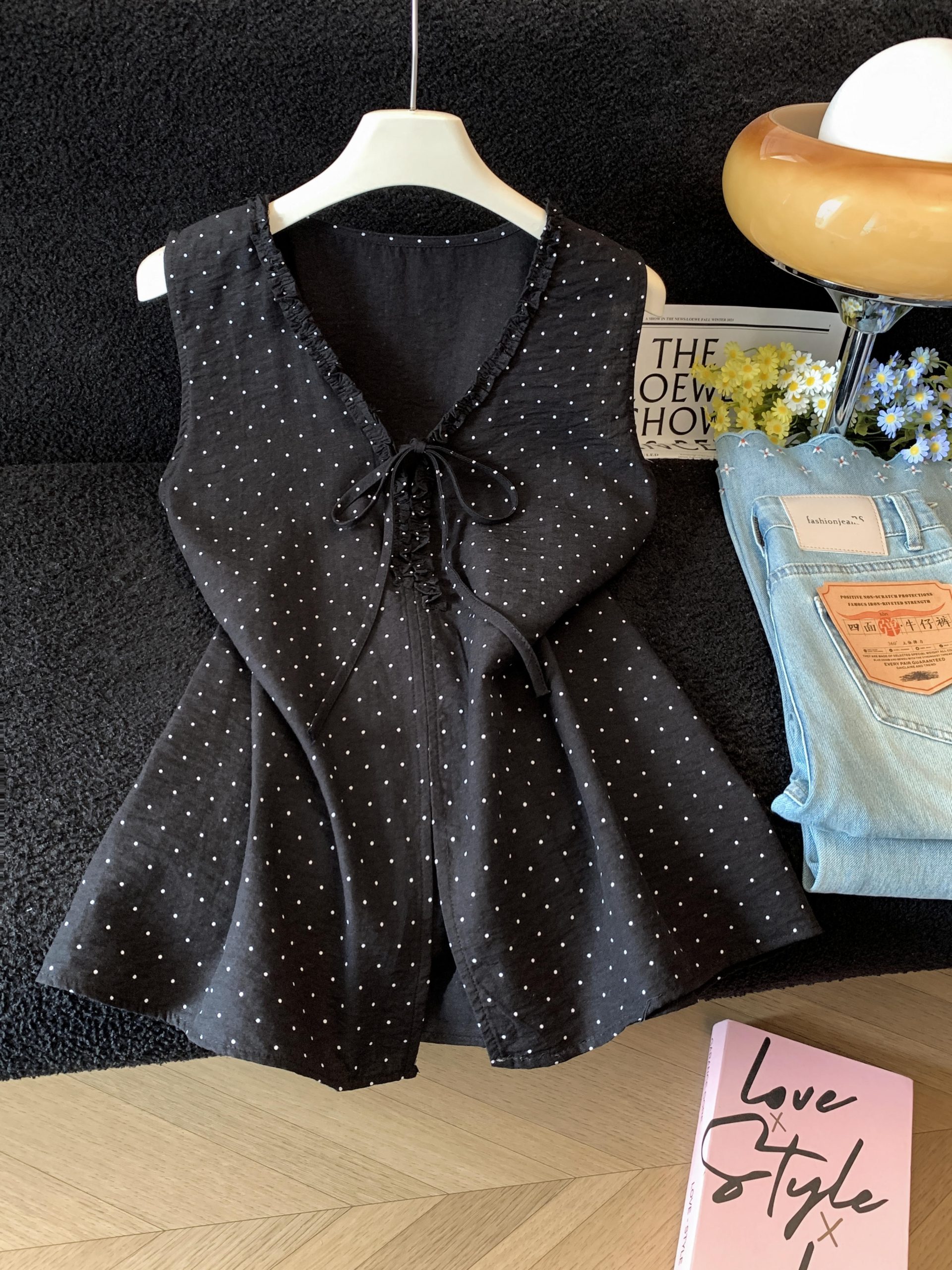 French V-Neck Ruffle Tie Polka Dot Top Women 2026 Summer Loose Slimming Casual Elegant Shirt - Image 3