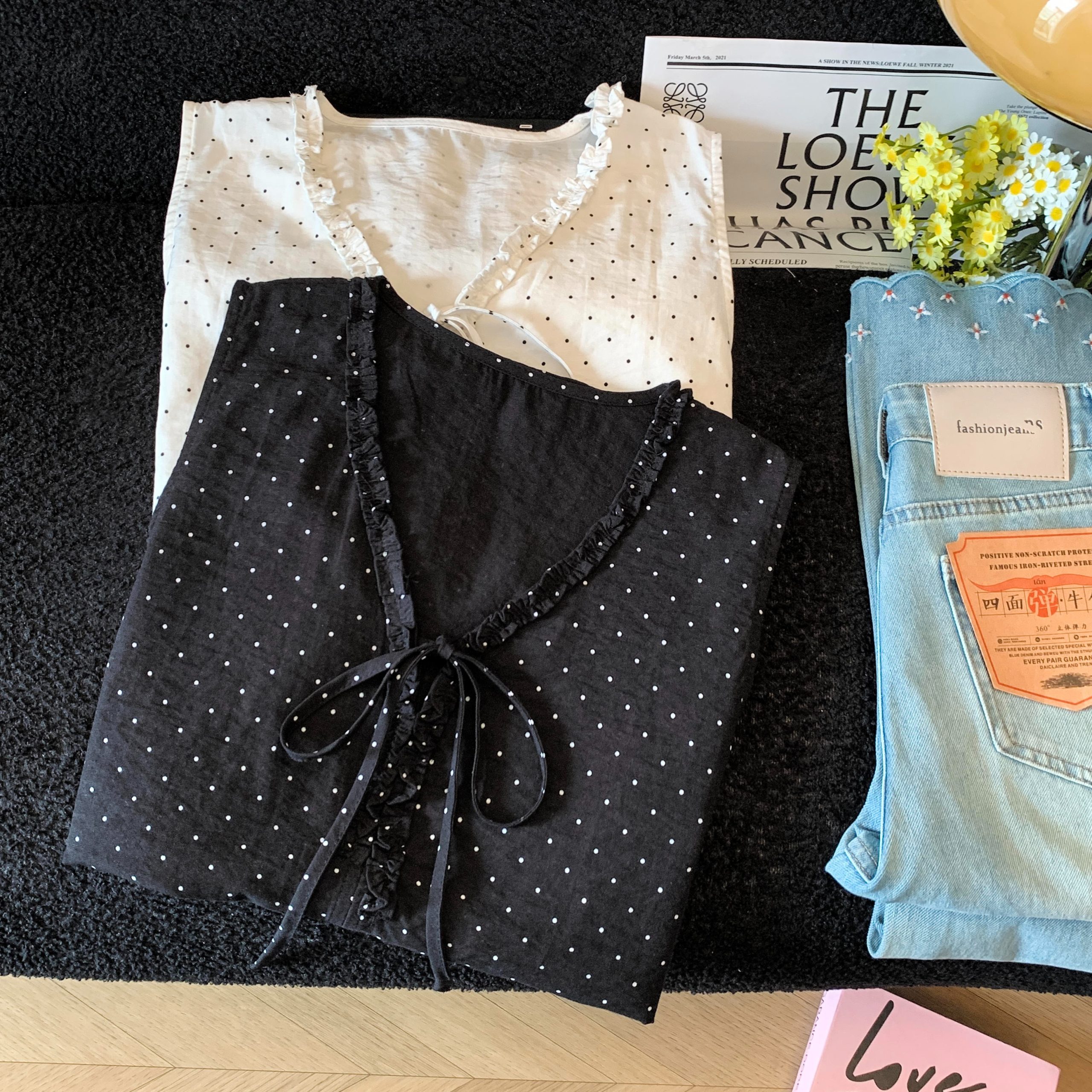 French V-Neck Ruffle Tie Polka Dot Top Women 2026 Summer Loose Slimming Casual Elegant Shirt - Image 5